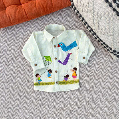 Makar Sankranti special Colourful Kites Print Unisex Cotton Linen Shirt for infants, toddlers and kids.