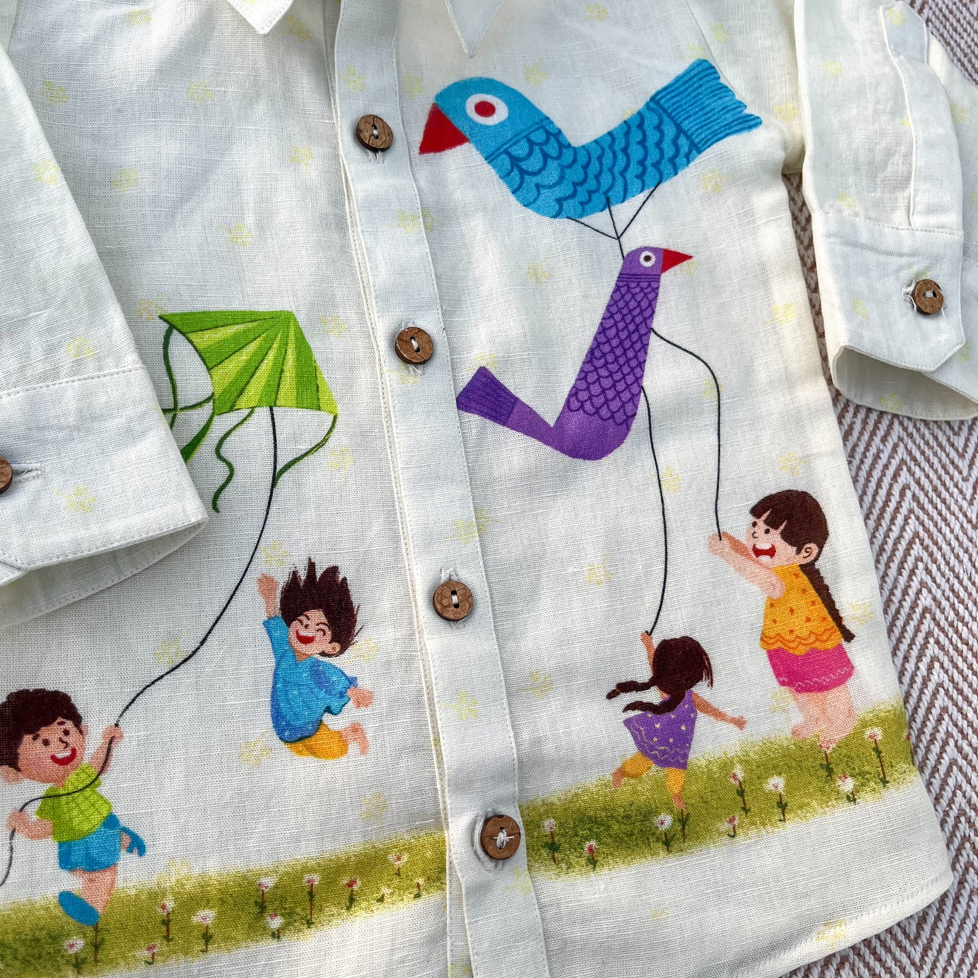 Makar Sankranti special Colourful Kites Print Unisex Cotton Linen Shirt for infants, toddlers and kids.