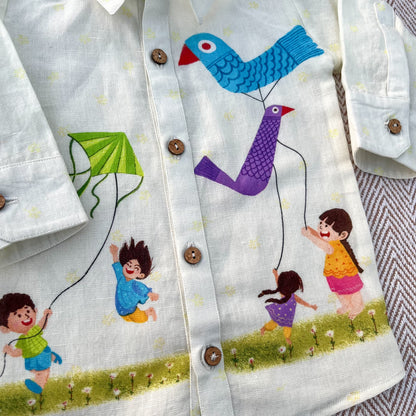 Makar Sankranti special Colourful Kites Print Unisex Cotton Linen Shirt for infants, toddlers and kids.