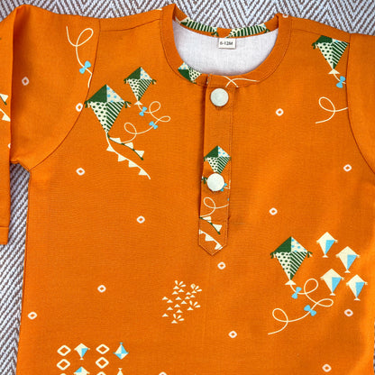 Chanderi Unisex Orange Bandhej Kites Print Kurta