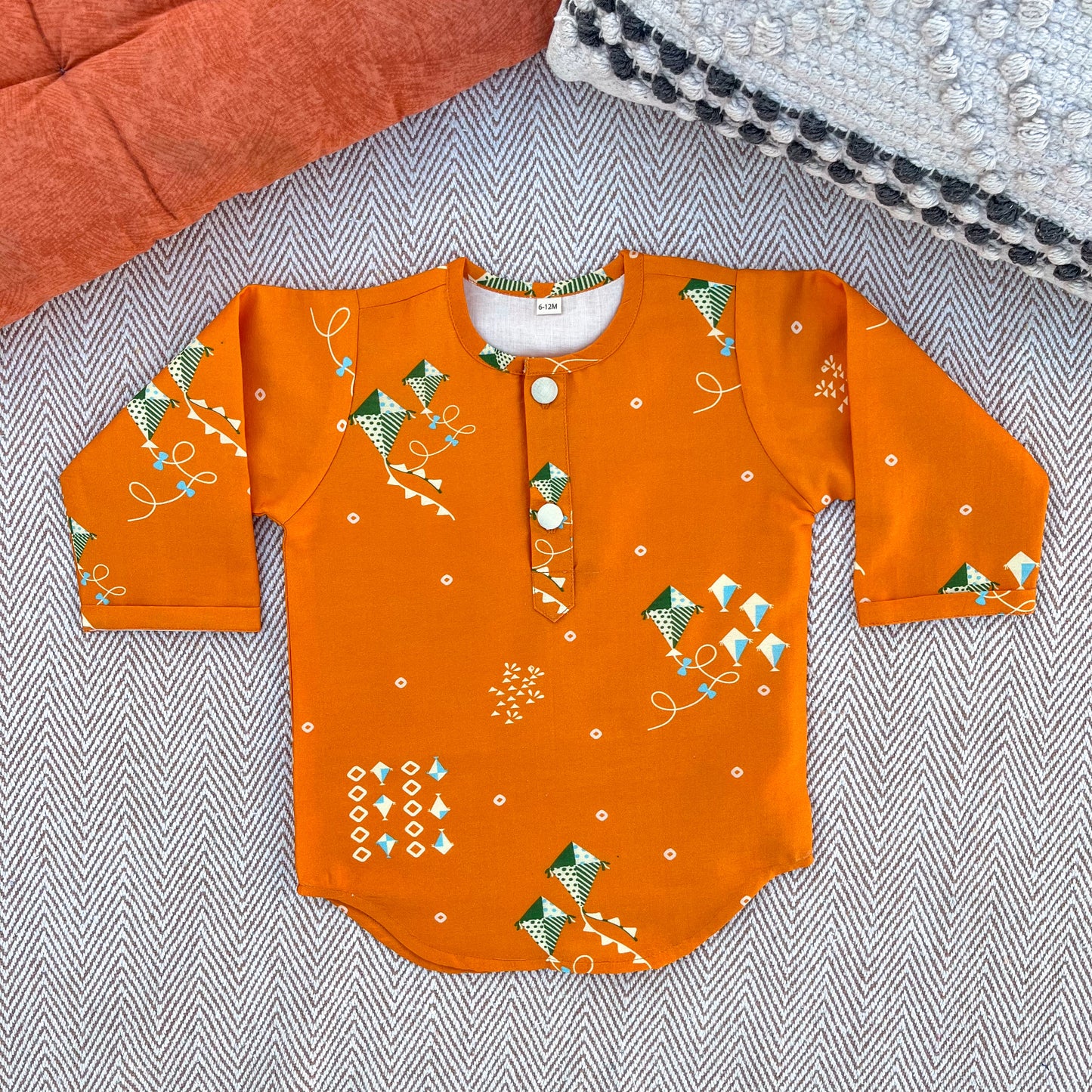 Chanderi Unisex Orange Bandhej Kites Print Kurta Set