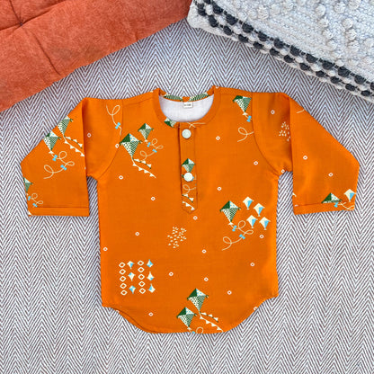 Chanderi Unisex Orange Bandhej Kites Print Kurta Set