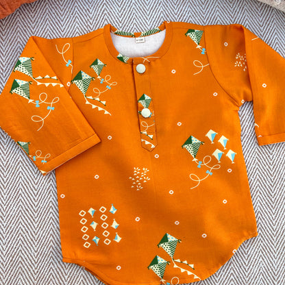 Chanderi Unisex Orange Bandhej Kites Print Kurta