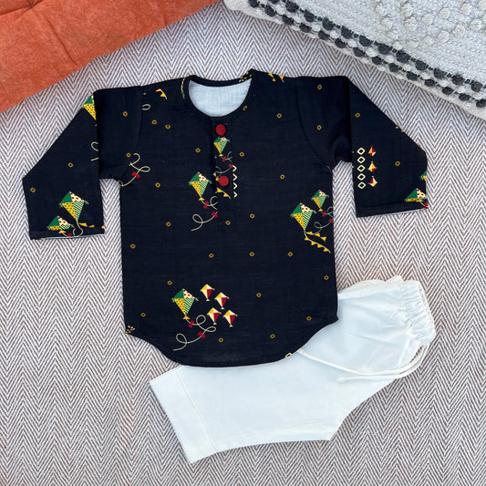 Chanderi Unisex Black Bandhej Kites Print Kurta Set