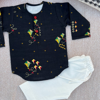 Chanderi Unisex Black Bandhej Kites Print Kurta Set