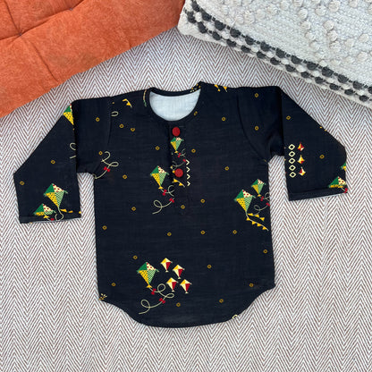 Chanderi Unisex Black Bandhej Kites Print Kurta