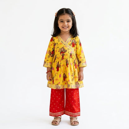 Organic Cotton 'Goddess Ambika' Kurta Set for Girls- Yellow