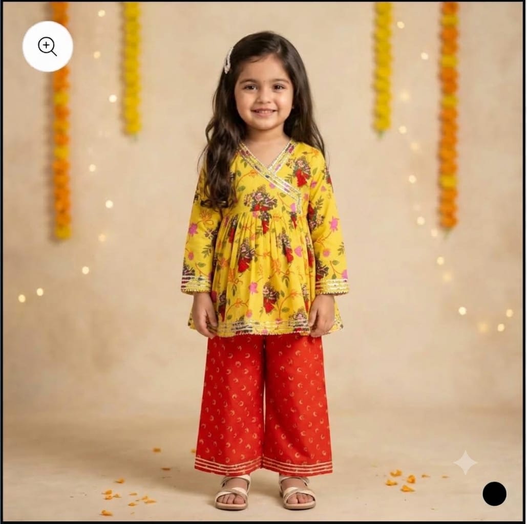 Organic Cotton 'Goddess Ambika' Kurta Set for Girls- Yellow