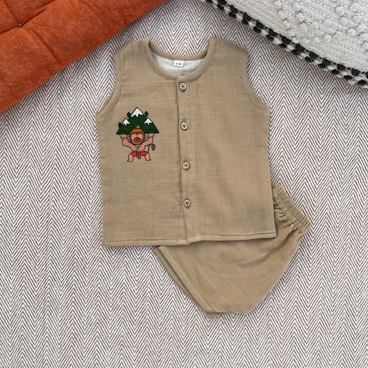 Crinkled Muslin Unisex 'Veer Hanuman' Jhabla Set