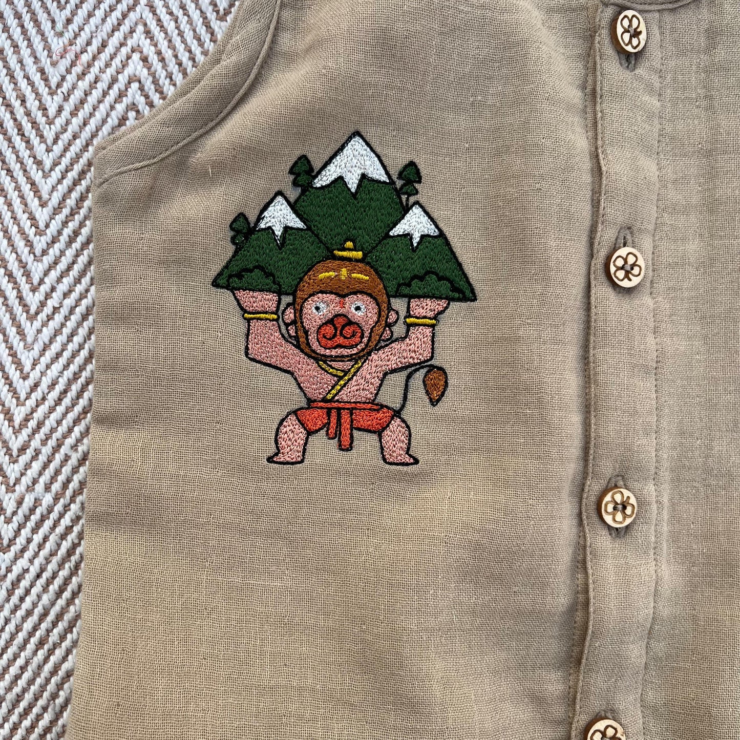 Crinkled Muslin Unisex 'Veer Hanuman' Jhabla Set