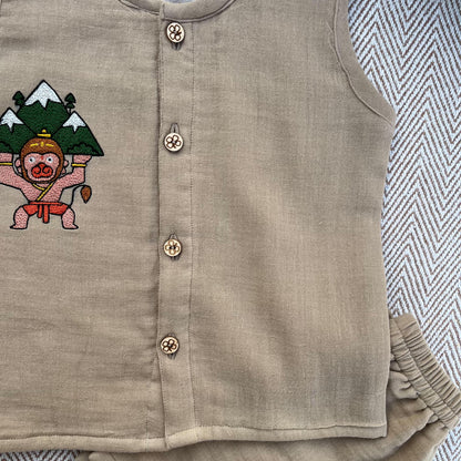 Crinkled Muslin Unisex 'Veer Hanuman' Jhabla Set