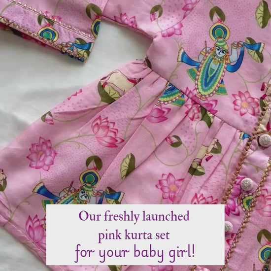 Chanderi Pichwai art inspired Shrinath ji print kurta set for infants, toddlers and kids-perfect for festive occasions