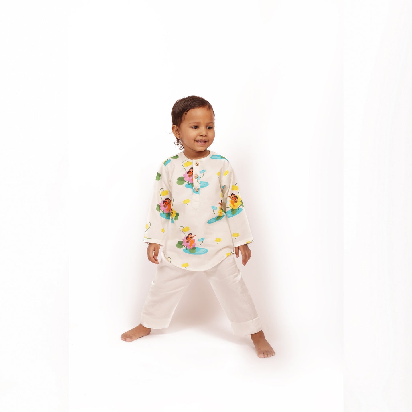 Organic cotton unisex Goddess Saraswati print kurta set for infants, toddlers and kids-perfect for festive occasions