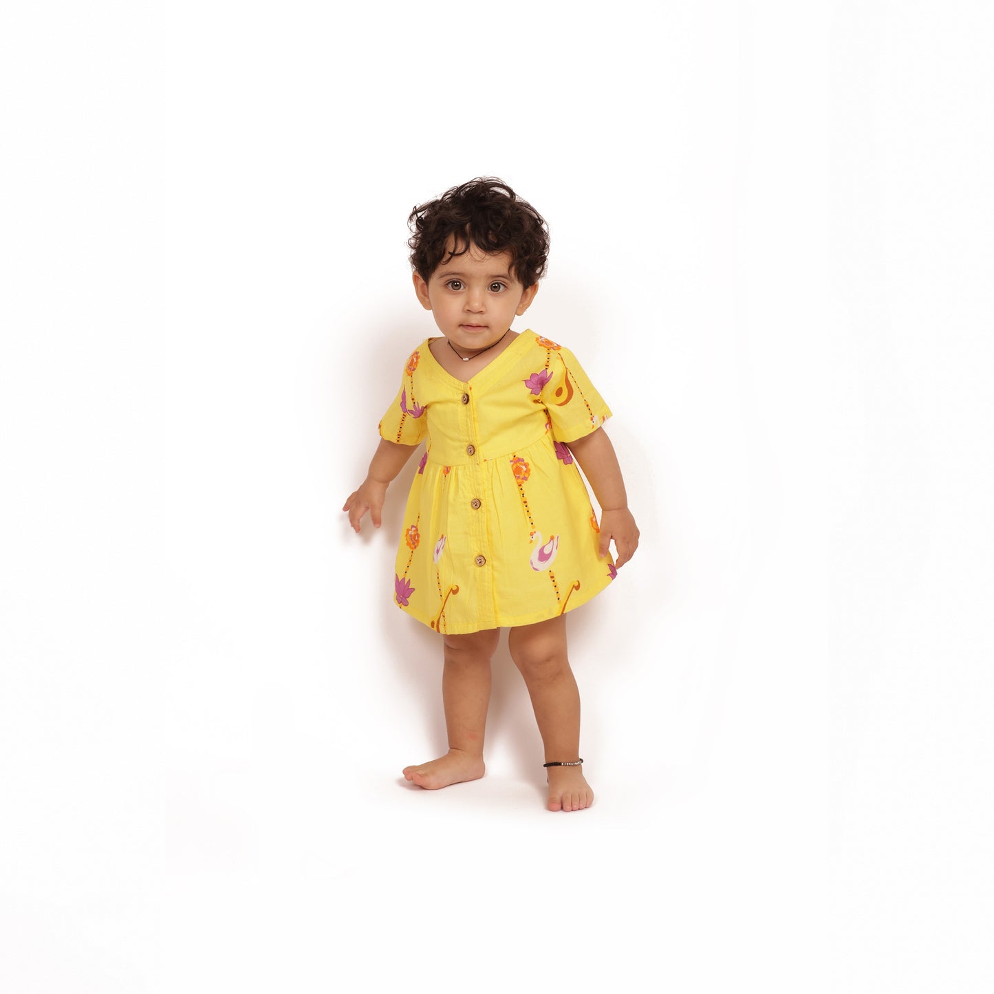 Basant Panchami special, yellow-coloured organic cotton veena and lotus frock for infants, toddlers and kids-perfect for haldi ceremonies and festive occasions