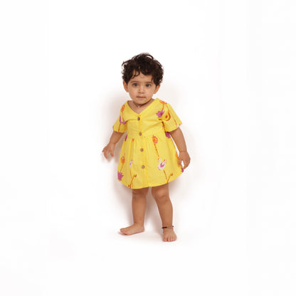 Basant Panchami special, yellow-coloured organic cotton veena and lotus frock for infants, toddlers and kids-perfect for haldi ceremonies and festive occasions