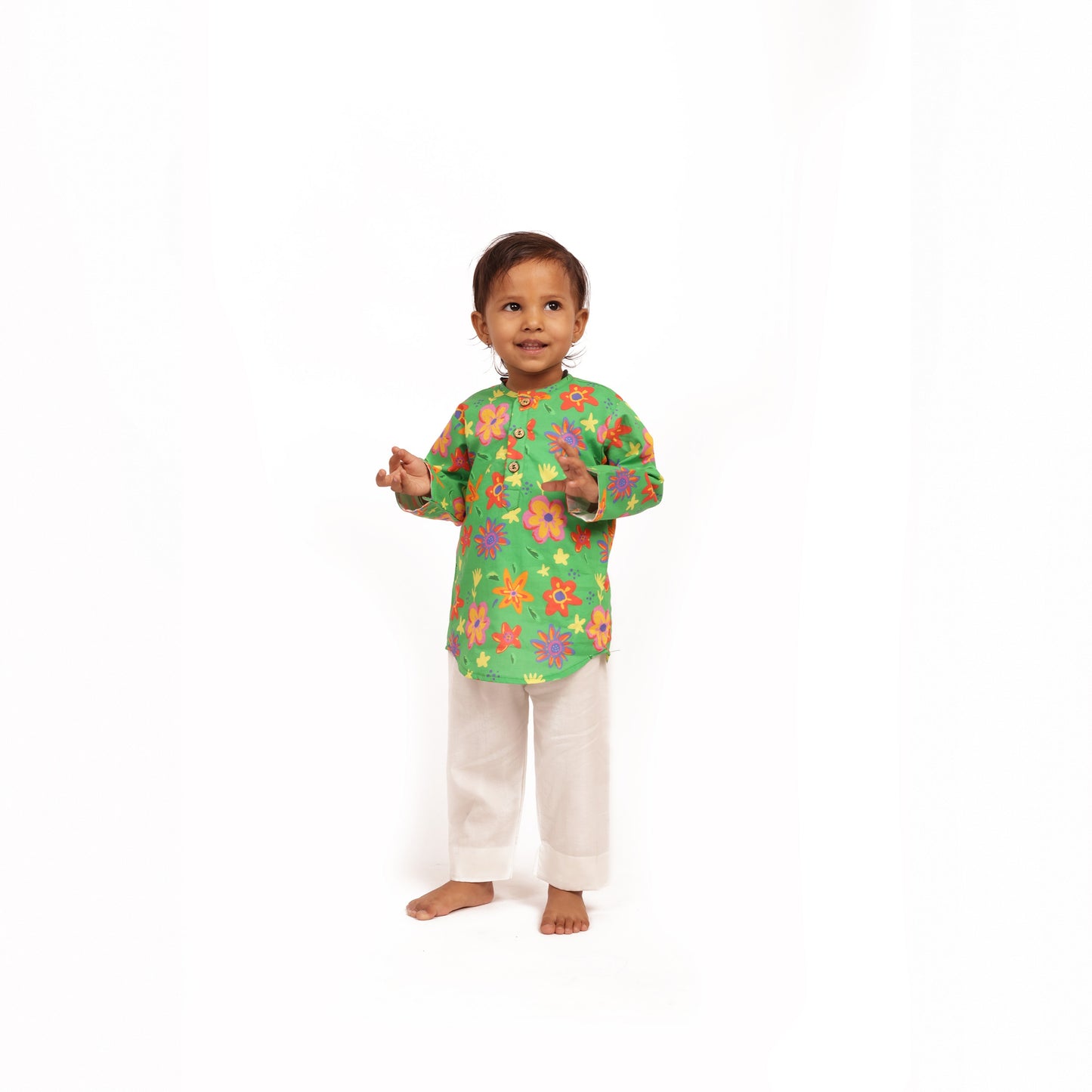 Organic cotton unisex green floral print kurta set for infants, toddlers and kids-perfect for festive occasions