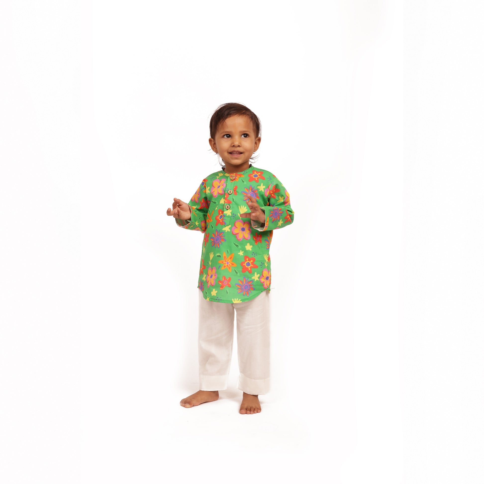 Organic cotton unisex green floral print kurta set for infants, toddlers and kids-perfect for festive occasions