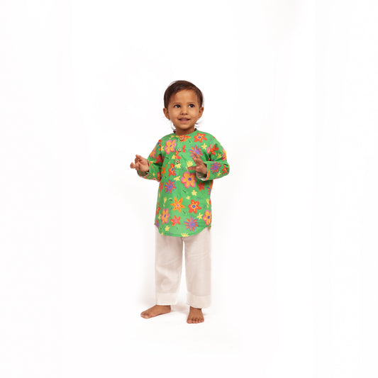 Organic cotton unisex green floral print kurta set for infants, toddlers and kids-perfect for festive occasions