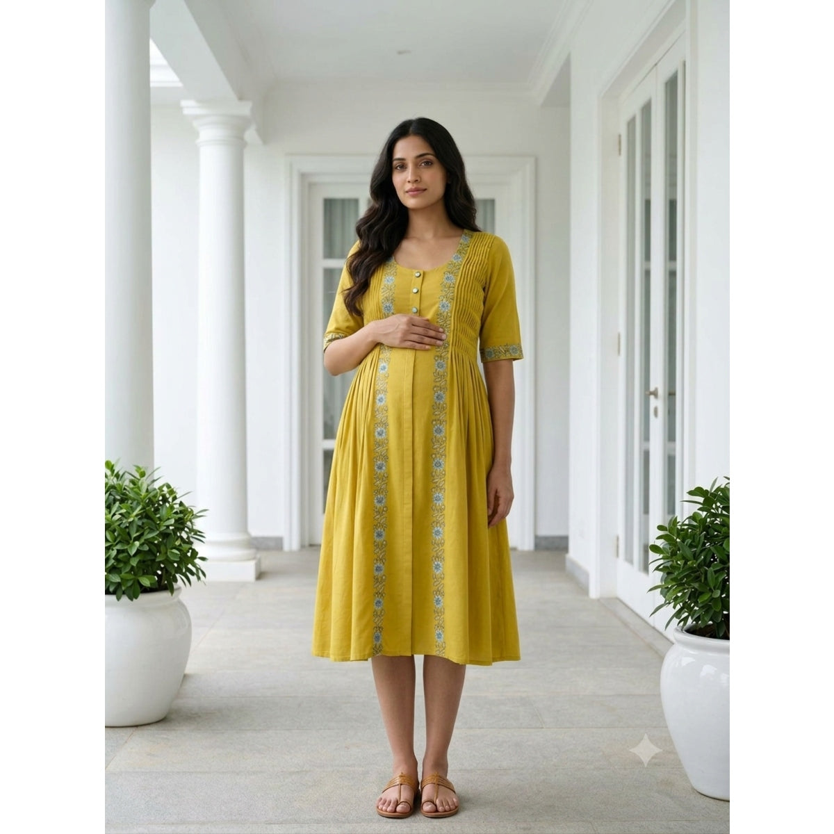 'Aanchal' Yellow Embroidered Dress- Maternity and Nursing Essentials