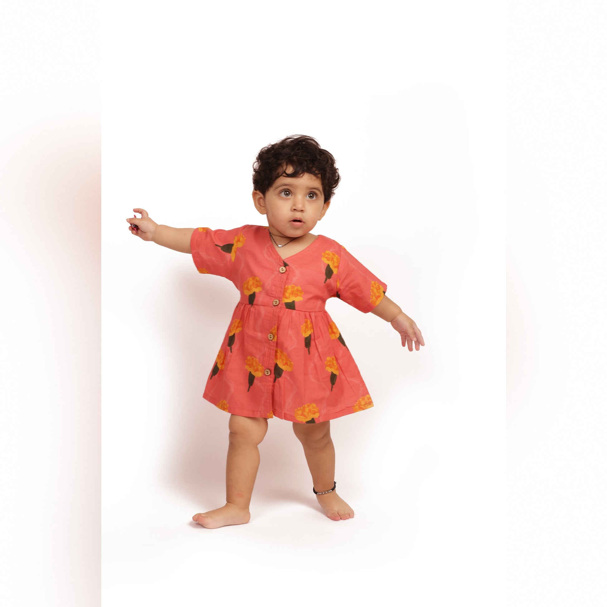 Organic cotton marigold pink frock for infants, toddlers and kids-perfect for festive occasions