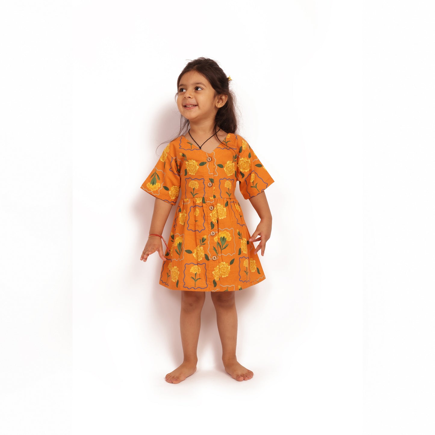 Organic cotton marigold orange frock for infants, toddlers and kids-perfect for festive occasions