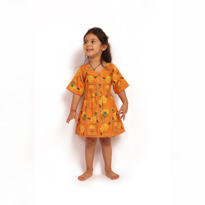 Organic cotton marigold orange frock for infants, toddlers and kids-perfect for festive occasions