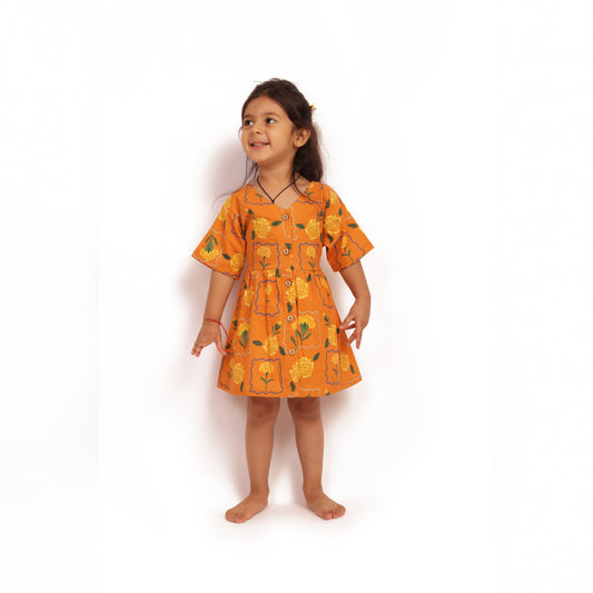 Organic cotton marigold orange frock for infants, toddlers and kids-perfect for festive occasions